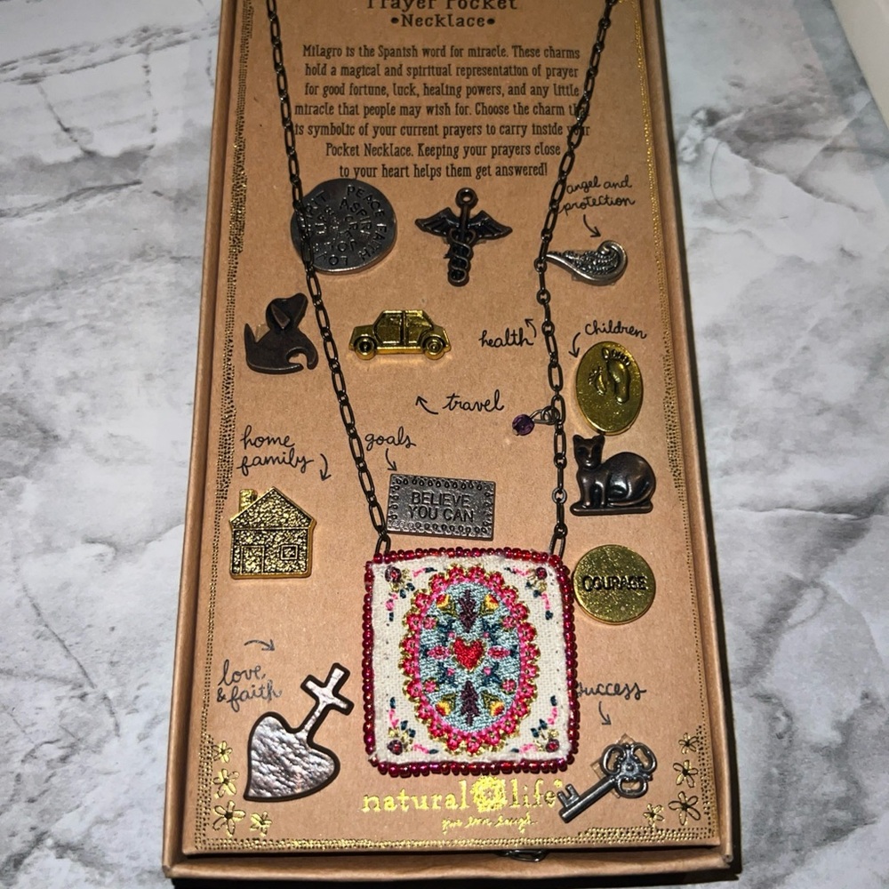 NATURAL LIFE Multicolor Prayer Pocket Necklace in Box Milagros/Miracle 12 charms
